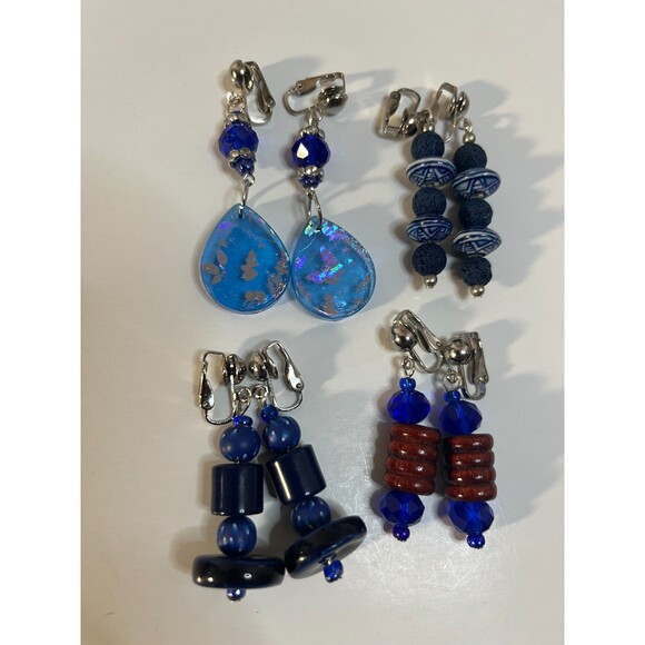 Glass Wood & Resin Clip On Earrings 4 Pair Dangles 1-2" Boho Hippie USA Made F8 - Picture 8 of 8
